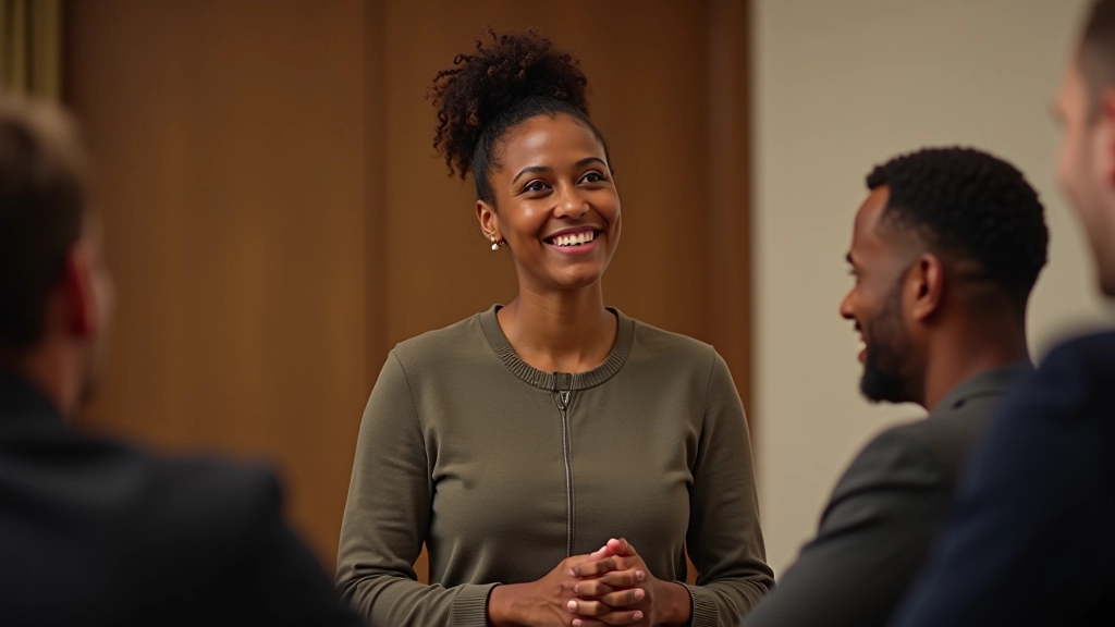 Diverse person aged 30 speaking with authentic expression and natural hand gestures in a professional setting