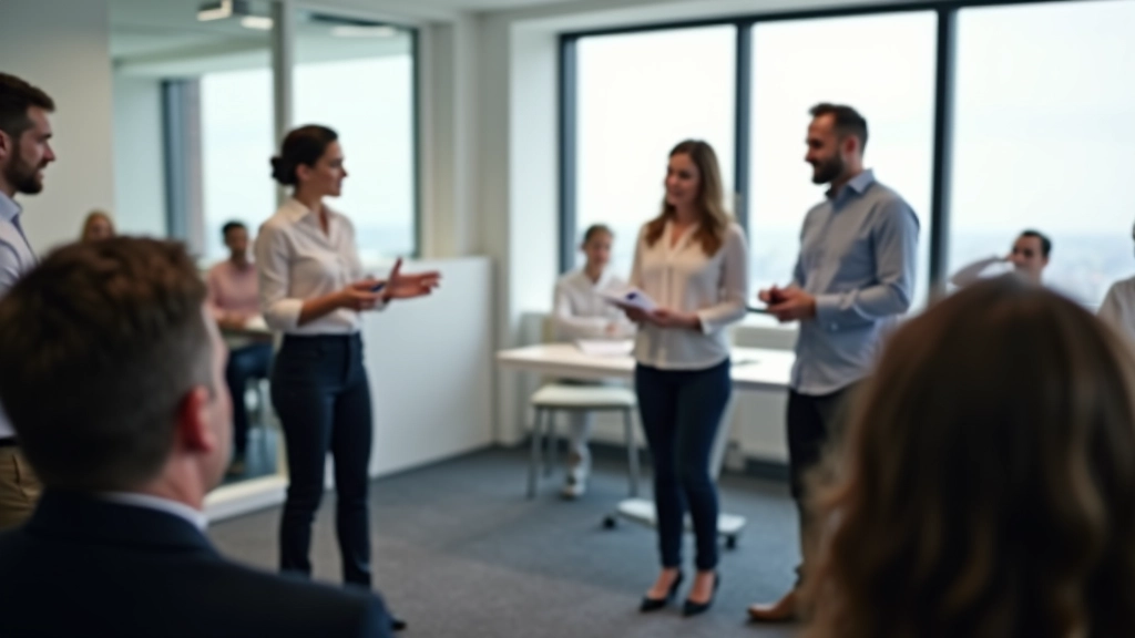 Group of diverse people in a supportive workshop environment practicing presentations together