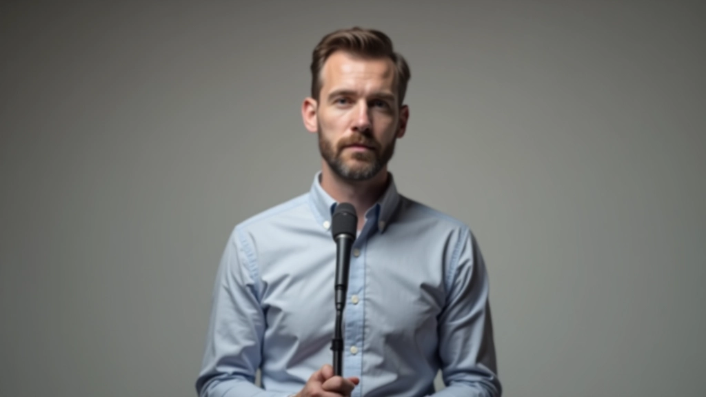 Close-up of person speaking at microphone in small workshop, focused expression, clear vocal delivery, attentive audience members in background