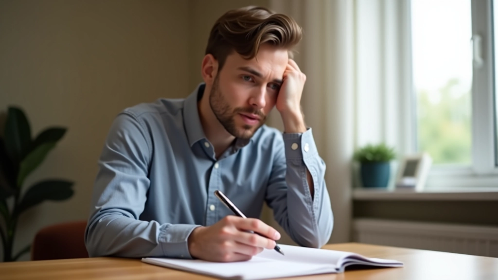 Person practicing presentation with notes and materials spread on desk, focused concentration, comfortable home or studio setting