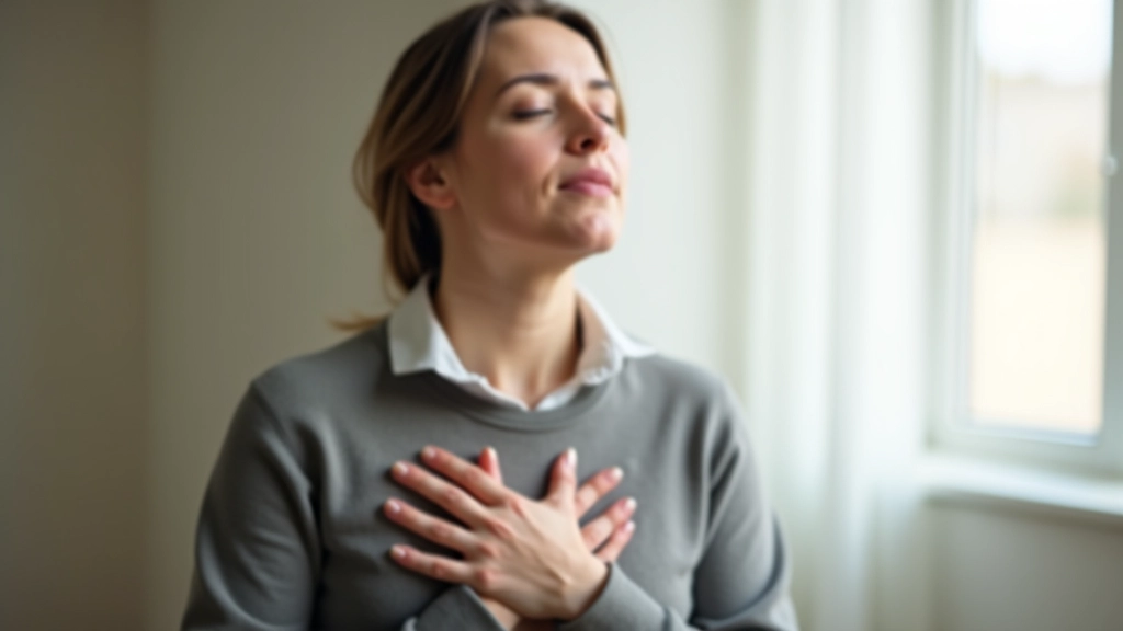 Person practicing deep breathing with eyes closed in a calm, quiet space with soft natural light streaming through a window