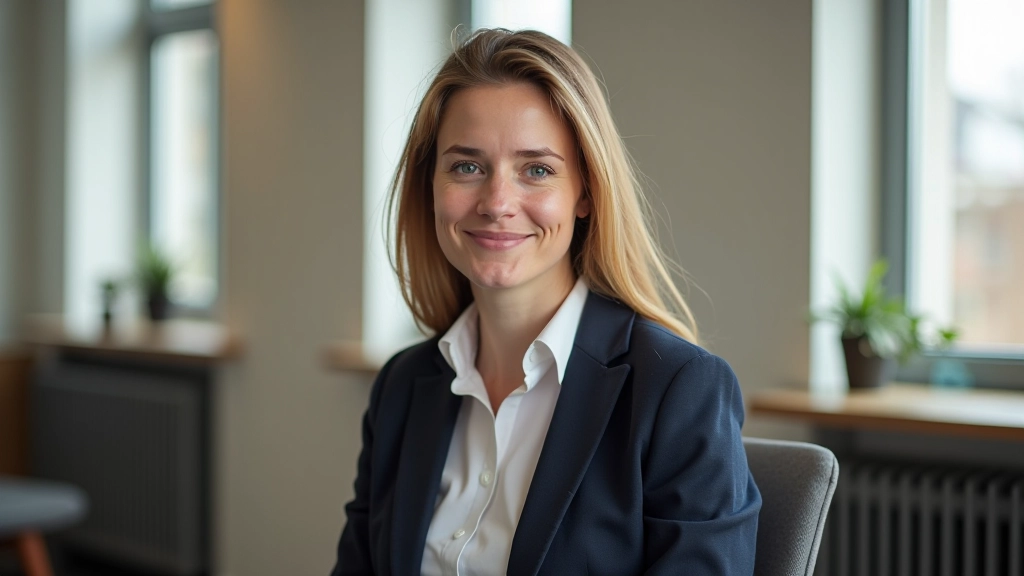 Person sitting upright with good posture, hands resting on lap, demonstrating calm breathing technique in a well-lit room