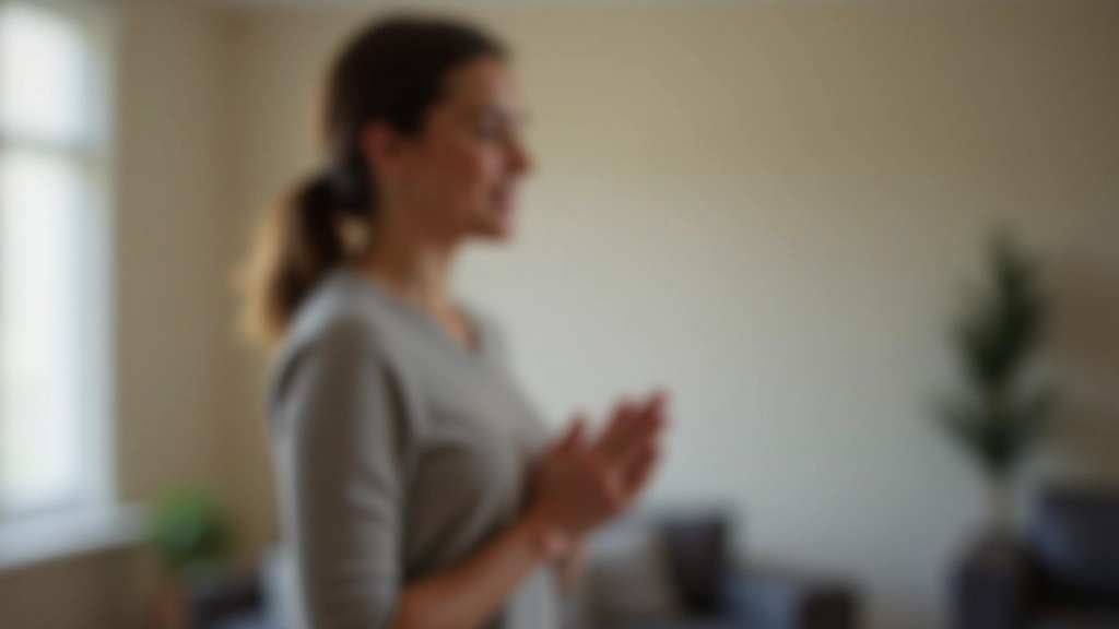 Close-up of a person's face and shoulders in profile, practicing breathing exercises with calm expression, indoor lighting, soft focus on relaxation