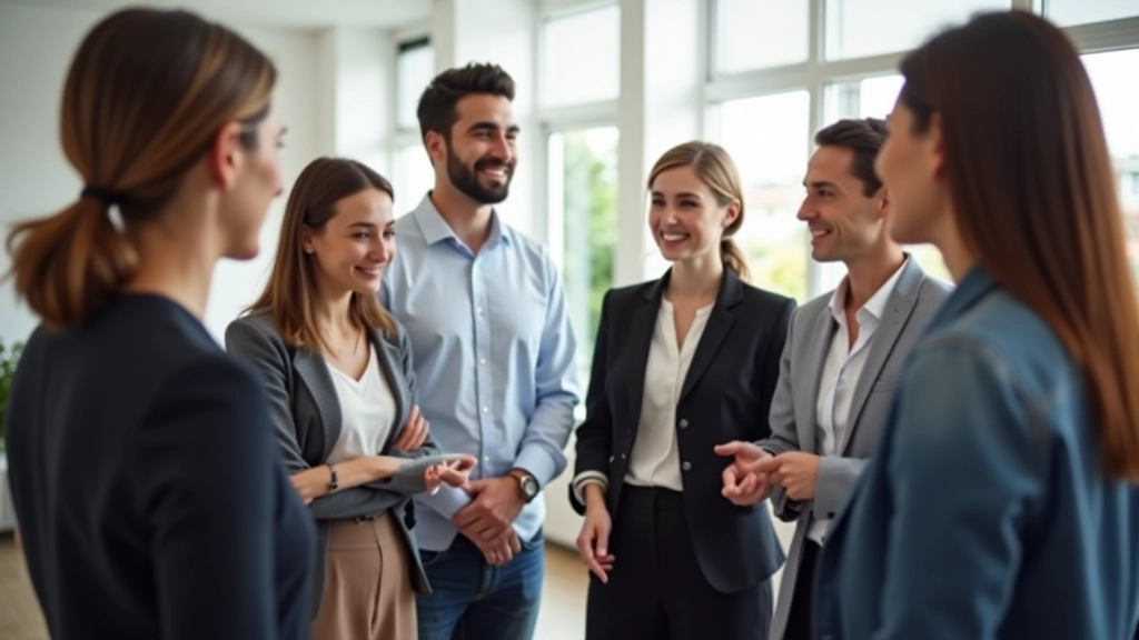 Small group of diverse professionals in a workshop setting, having casual conversation with genuine smiles and relaxed body language