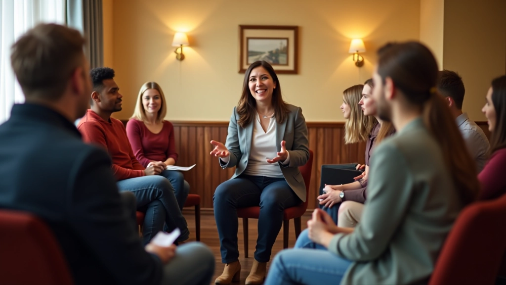 Small group workshop with diverse participants practicing vocal projection exercises, listening intently to each other in supportive setting