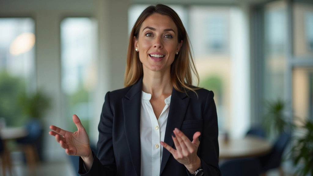 Woman in business attire speaking confidently to a small group in an intimate workshop setting, natural gestures and engaged expression