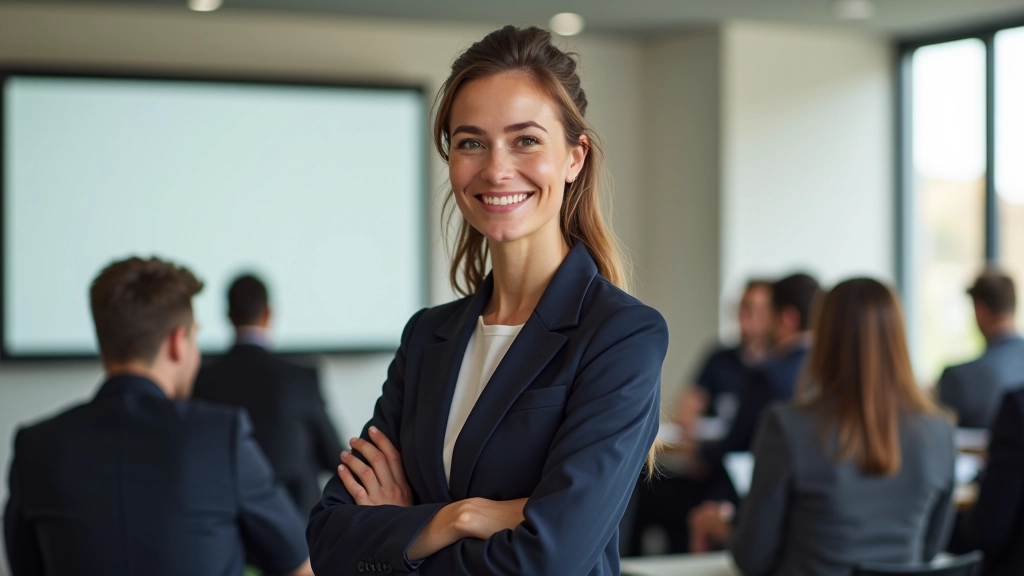 Confident woman speaking in front of a supportive group in a bright training room