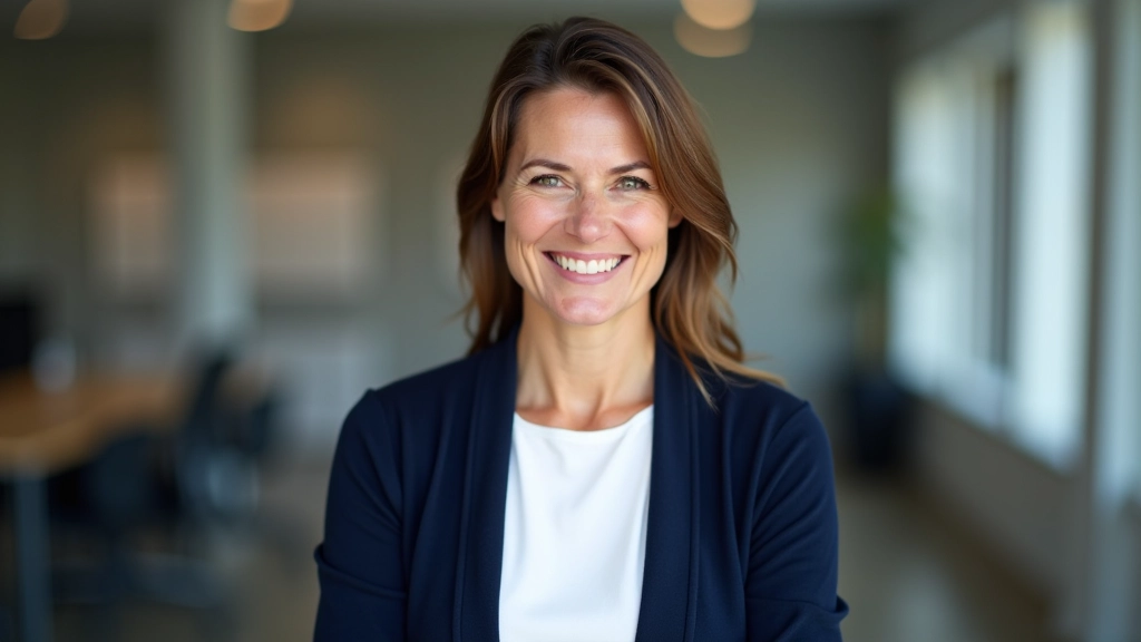 Professional portrait of workshop founder in casual business attire, warm expression, office setting