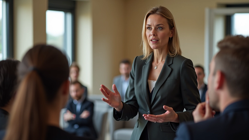 Síle O'Donnell leading a presentation workshop with small group of participants in supportive training environment