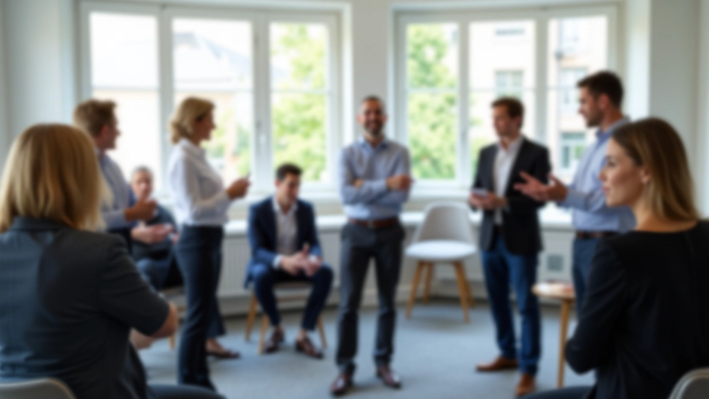 Small group workshop setting with people practicing presentation techniques in a supportive environment